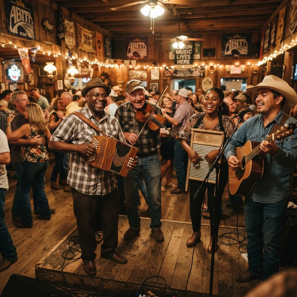 Musicians playing accordion, fiddle, and guitar at a Cajun jam session — Acadiana cultural events in South Louisiana