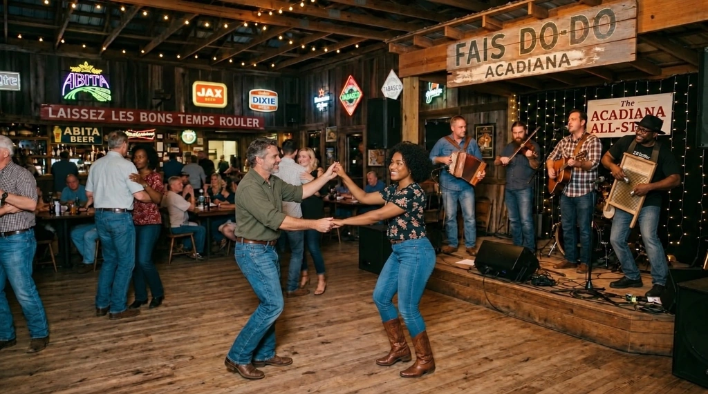 Couples two-stepping across a polished hardwood floor in an authentic Louisiana dance hall with a live Cajun and Zydeco band on the Fais Do-Do Acadiana stage — Fais Do-Do Acadiana